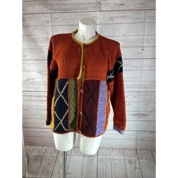 VTG Handmade by Rainbow crafts Cardigan women Size L Knitted Sweater Orange Blue - Picture 2 of 10